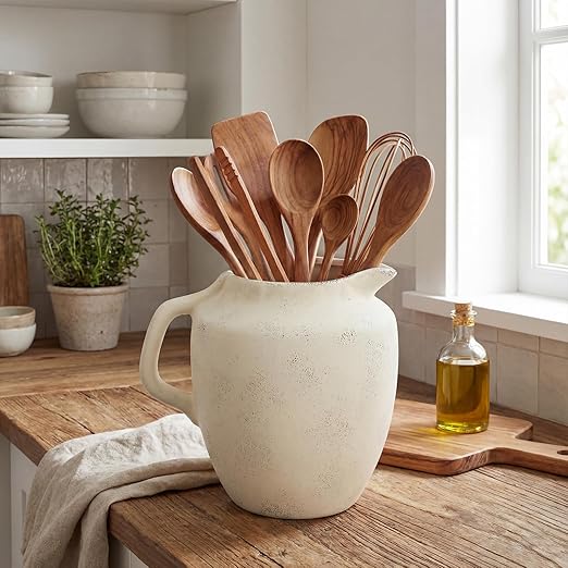 Potchen Rustic Kitchen Utensil Holder with Handle,7.48" H Ceramic Vintage Utensil Crock for Countertop, Farmhouse Kitchen Decoration Ceramic Pot for Spatulas Spoons Tongs(Novelty,Antique Cream)