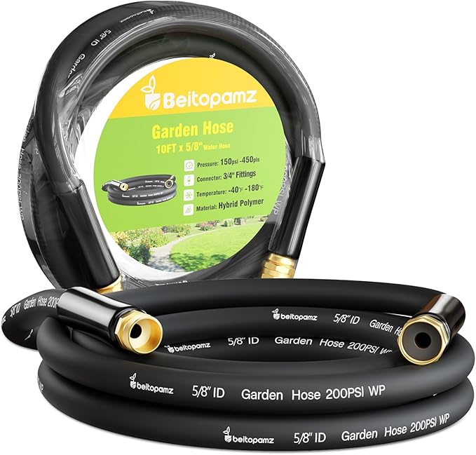 Short Garden Hose 10 ft x 5/8 in Male to Female Heavy Duty Small Water Hose Extender Connector, Lightweight Rubber Hybrid Leader Hose, Leak-Free Connections, 3/4'' Brass Fittings, Black