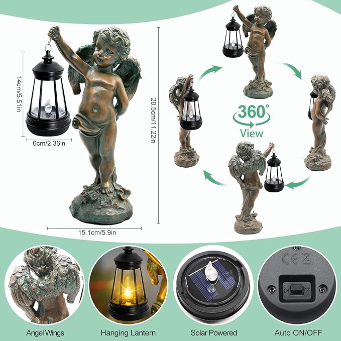 Solar Angel Garden Statues, Outdoor Angel Solar Hanging Lights Waterproof, Birthday Gifts for Mom Women Mother's Day, Cupid Boy Garden Figurines for Yard Decor Patio Porch Lawn Ornaments