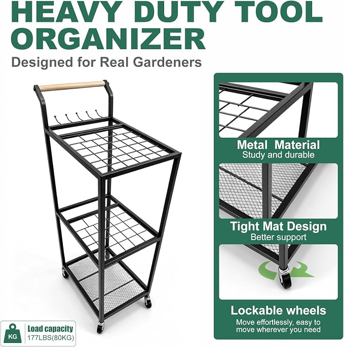 Garden Tool Organizer with Wheels Heavy Duty Yard Tool Organizer Rack with Side Storage Pockets Sturdy Metal Steel Holder with 6 Hooks for Garage, Yard, Patio, Shed