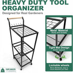 Garden Tool Organizer with Wheels Heavy Duty Yard Tool Organizer Rack with Side Storage Pockets Sturdy Metal Steel Holder with 6 Hooks for Garage, Yard, Patio, Shed
