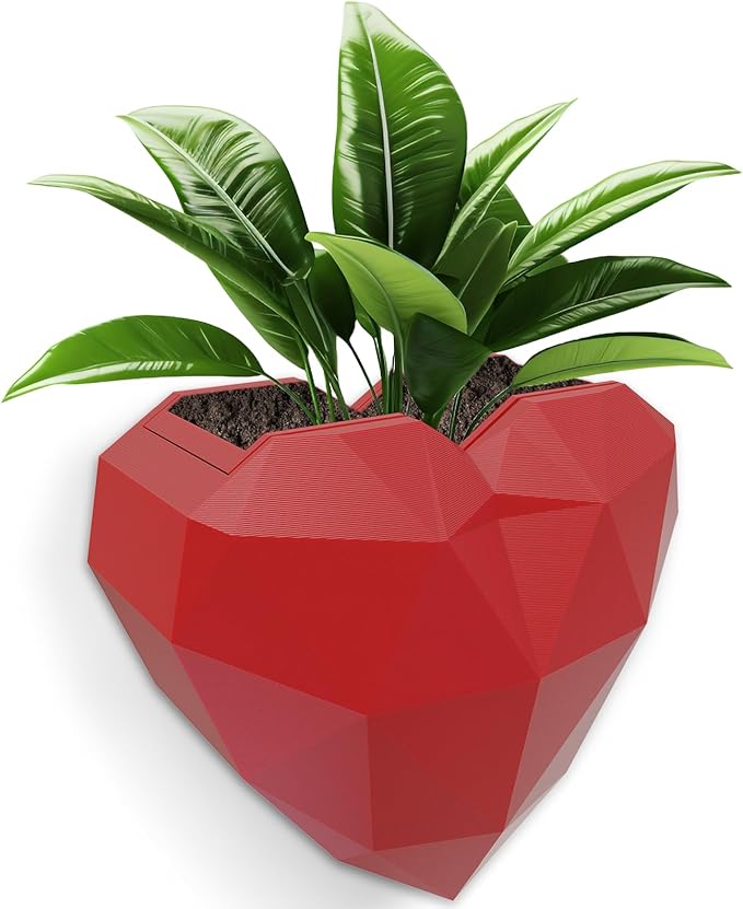 3.9In Red Heart Self-Watering Wall Planter, PLA 3D Printed No Drill Adhesive Planter with 200ml Capacity, Indoor Succulent Planter for Home Office Decor