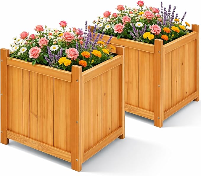 Set of 2 Fir Wood Square Planter Boxes, 18" Extra Large Outdoor Flower Box with Removable Drainage Base & Non-Woven Liner, Rustic Wooden Planters for Patio Garden Balcony, Wood Bucket Planter