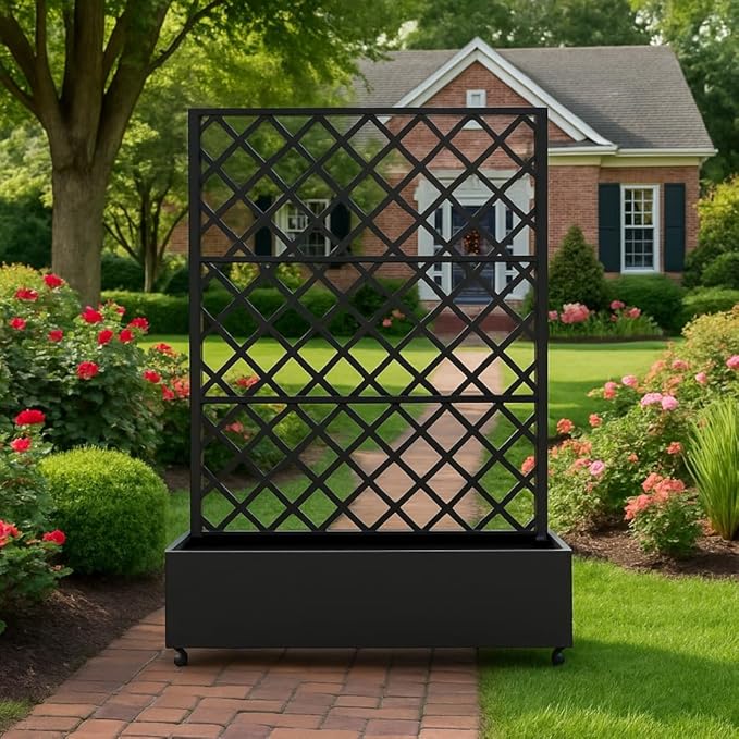 Metal Raised Garden Bed with Trellis and Wheels, 72"x47" Planter Box for Climbing Plants, Vegetables & Vines, Features Drainage Holes and Privacy Screen