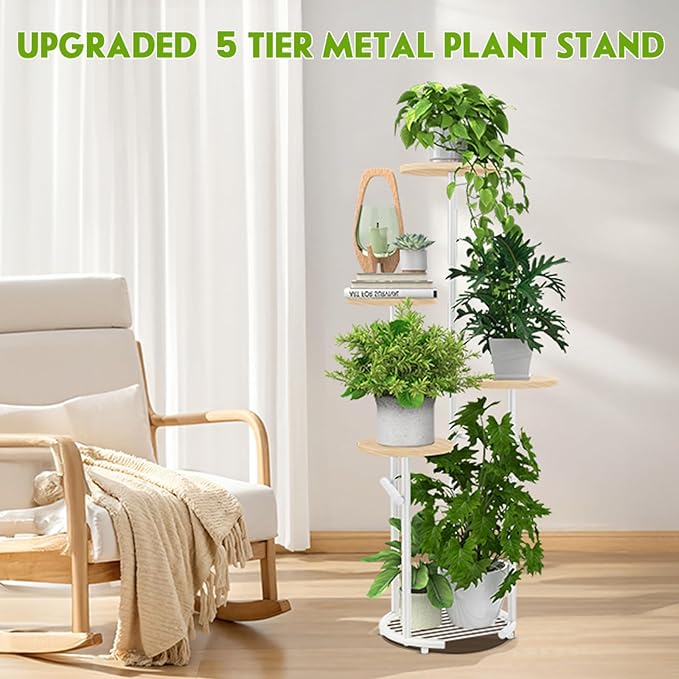 TOSKING 5-Tier Thickened Metal Plant Stand, Anti-Tip Round Base for Pots, Child & Pet Friendly, Corner Shelf Flower Pot for Multiple Plants, Indoor Outdoor Use for Living Room Balcony Patio Garden (White and Wood, 42in)