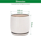 D'vine Dev 8 Inch Ceramic Beaded Stoneware Planter Pot - Flower Pot with Drainage Holes and Saucers for Indoor Succulent Plants or Flowers, Smoked White, 27-C-Q-1