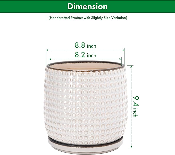 D'vine Dev 8 Inch Ceramic Beaded Stoneware Planter Pot - Flower Pot with Drainage Holes and Saucers for Indoor Succulent Plants or Flowers, Smoked White, 27-C-Q-1