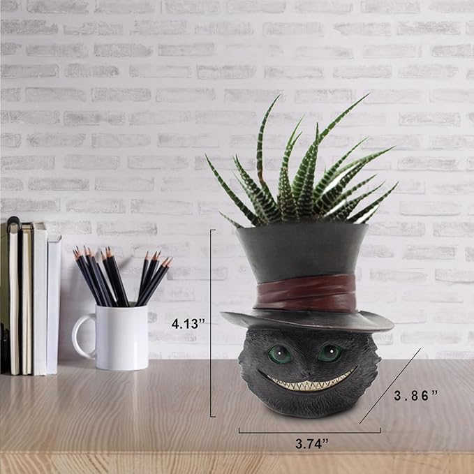 Unique Black Cat Head Little Planter Pot, Cute Succulent Indoor Flower Pot, Funny Novelty Resin Plant Flowerpot with Drain Hole, Cat Pen Brushes Holder, Lovely Desk Room Home Decor