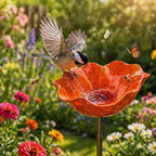 Metal Flower Garden Stakes Bird Bath, Handmade Metal Flower Garden Stake with Bee Bath, Bird Water Bowl Water Station for Outdoor Yard Lawn Patio Decor (Orange)