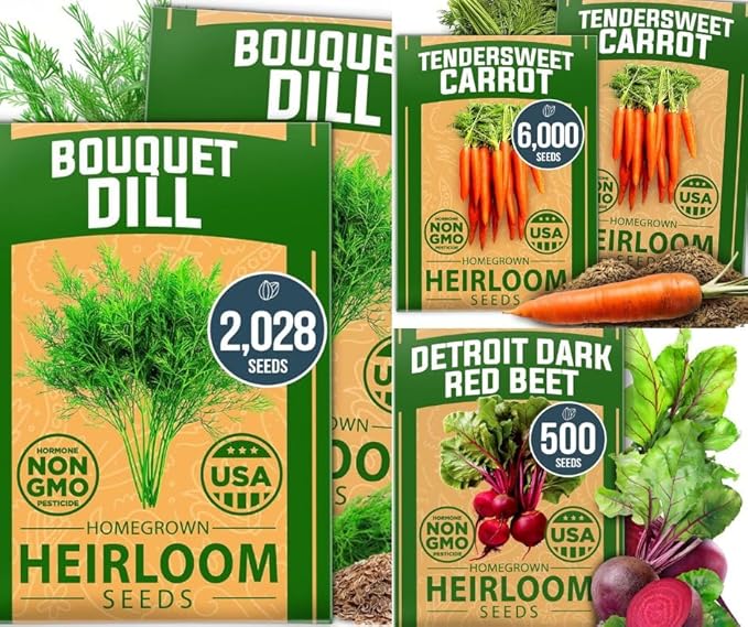 HOME GROWN Dill Seeds 2028 & Tendersweet Carrots 6000 & Detroit Dark Red Beet 500