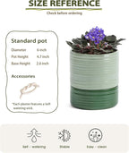 Fayoula Self Watering Pots for Indoor Plants, 6 Inch Ceramic Self Watering Plant Pot, Planter Pot with Wick Rope and Drainage Hole for African Violet Succulent Herbs (Green Light)