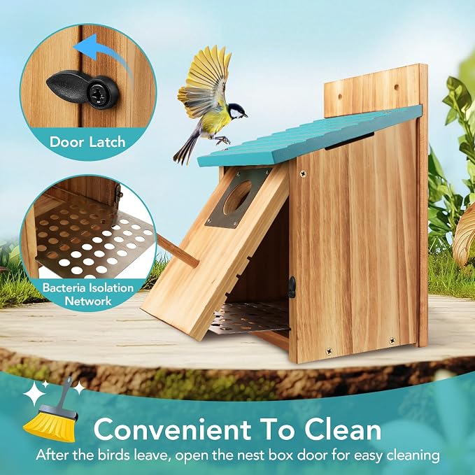 2 Pack Bird Houses for Outside - Cedar Bluebird Houses with Metal Predator Guard, Birdhouse for Wren Bluebirds Finches Swallows, Carbonized Wooden (Assembly Required)