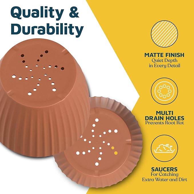 Terracotta 6-Inch Plant Pots with Drainage & Saucers 24 Pack, Indoor & Outdoor Planters for Houseplants, Herbs, and Flowers, Durable & Weatherproof Material, Stackable, Lightweight, Minimalist Design