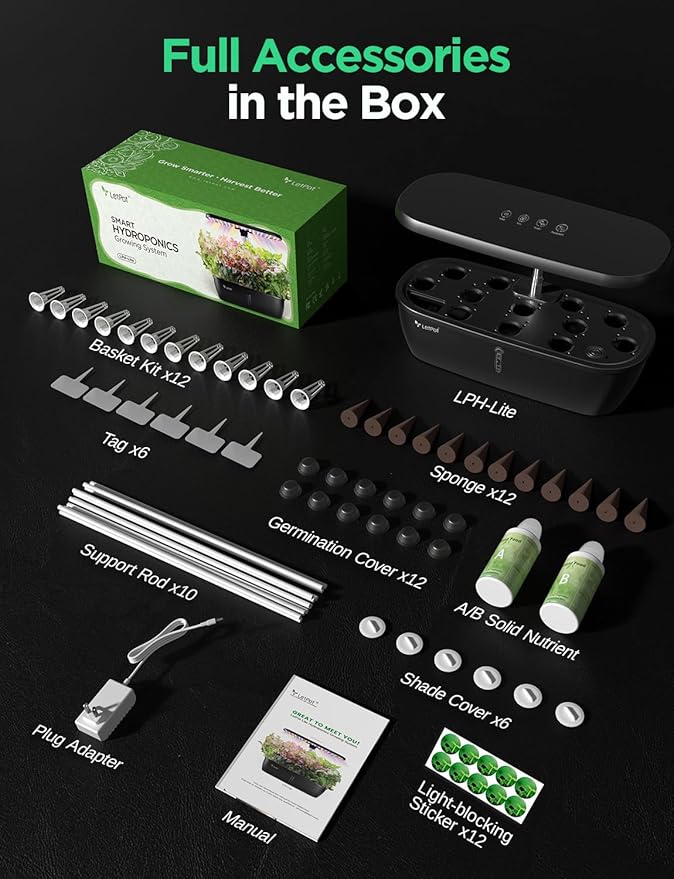 LETPOT LPH-Lite Hydroponics Growing System, 12 Pods Smart Herb Garden Kit Indoor, Indoor Garden, APP & WiFi Controlled, with 24W Growing LED, 5.5L Water Tank, Pump System, Automatic Timer