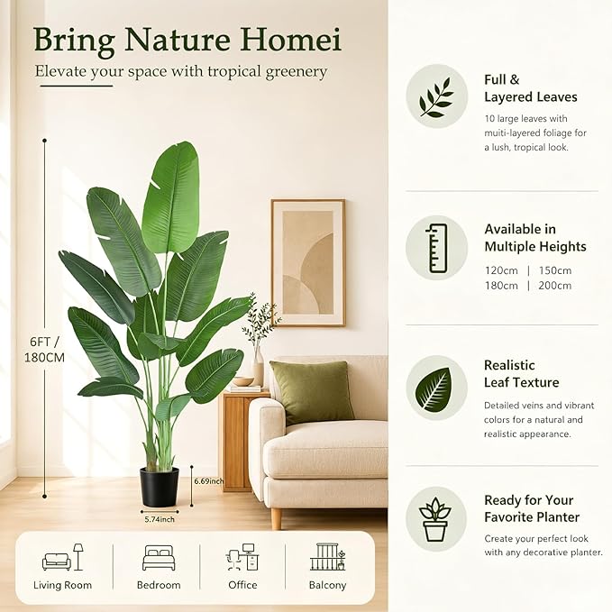 Birds of Paradise Plant Artificial, 6FT Fake Plants Faux Banana Leaf Tree with 10 Banana Leaves, Lifelike Tall Fake Tropical Palm Indoor Silk Floor Plant in Black Pot for House,Office,Room,Home Decor