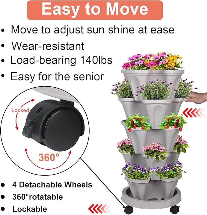GameXcel Vertical Planter Tower - 5 Tier Stackable Garden Planters with Wheels and Tools Plant Pots for Strawberry Herb Flower and Vegetable Indoor Outdoor Use Gray 2 Pack