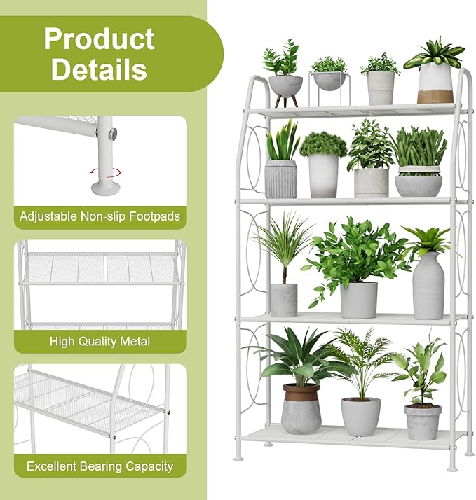 VyGrow Plant Stand, 4 Tier Plant Shelf for Indoor Outdoor, Heavy Duty Metal Tall Plant Stands Holder Rack for Living Room Balcony and Garden, White