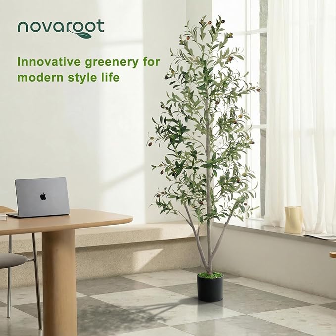 Olive Trees Artificial Indoor, 6FT Tall Faux Olive Tree with Light Kit Moss and Planter, Faux Plants Indoor with Natural Wood Trunk and Lifelike Fruits, Fake Tree for Home Office Living Room Decor