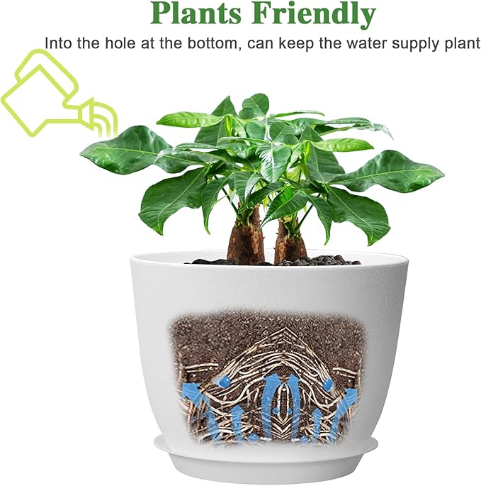 UOUZ 12inch Large Plant Pot, Modern Plastic Planter with High Driange Holes and Saucer for Indoor Outdoor Garden Plants and Flowers, White