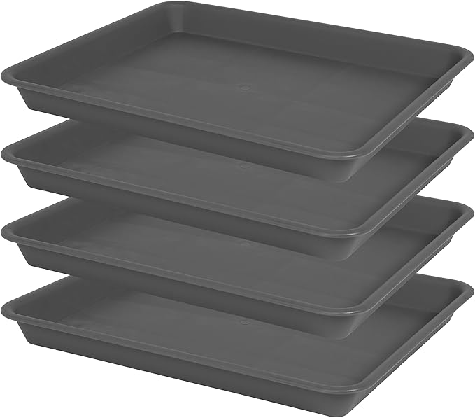 VUWEZ 4 Pack Plant Saucer Tray Rectangular, Plant Saucers for Indoors, Heavy Sturdy Plastic Plant Drainage Trays, Plant Drip Trays for Pots, Seed Starter Growing Tray (11 x 9 inch, Gray)