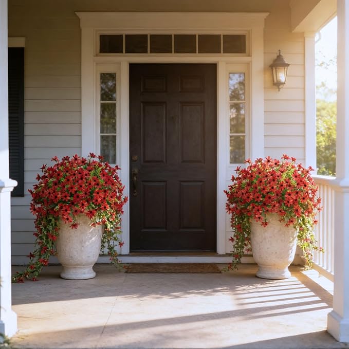 INXUGAO Fake Artificial Hanging Flowers for Outdoors Fake Plants Decoration, 2 Bundles Faux Silk Colorful Daisy Eucalyptus Realistic UV Resistant for Outside Home Planter Porch Patio Yard Decor(Red)