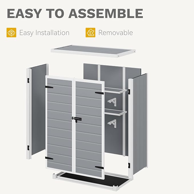 DWVO Outdoor Tall Storage Shed 50 Cuft with 2 Shelves, 4.3x2x5.5ft Vertical Tool Shed with Floor & Lockable Doors, Sturdy Double-Wall Plastic Cabinet for Garbage Cans and Garden Equipment