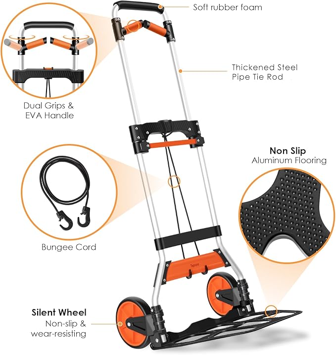 Teprovo Dolly Cart, 309 lb Aluminum Folding Hand Truck with Swivel Handle, Heavy Duty Utility Dolly Foldable Trolley with Elastic Cord, 7 Inch Wheels for Moving, Warehousing, Shopping and More