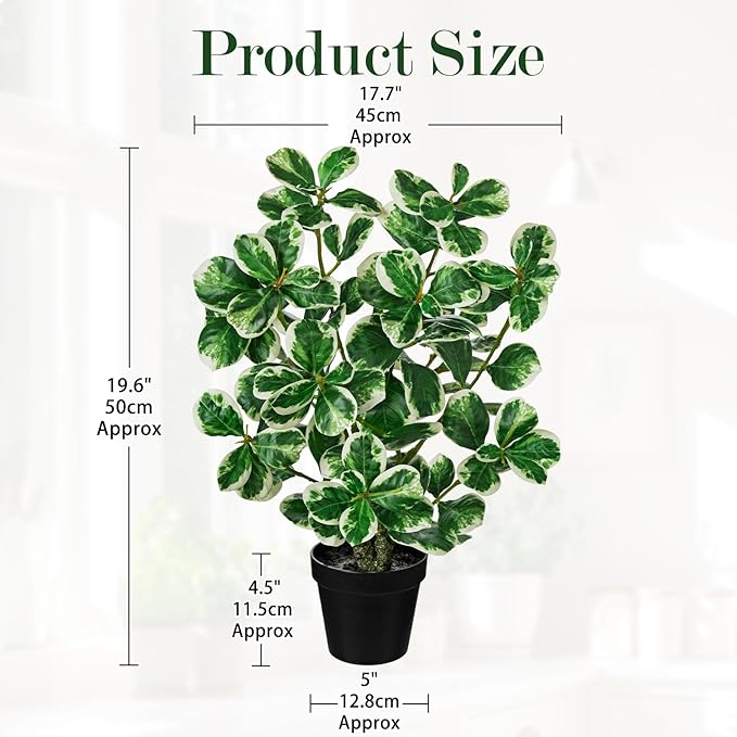 20" Artificial Rubber Tree Plant in Black Pot, Faux Ficus Tree Plant Potted with Cream White Edge Leaves, Fake Greenery Plant for Home Office Tropical Decor