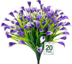 TURNMEON 20 Bundles Calla Lily (400 Heads) Artificial Flowers for Outdoors, Fake Plants UV Resistant Faux Plastic Fake Flowers for Indoor Planter Home Porch Yard Spring Summer Cemetery Decor(Purple)