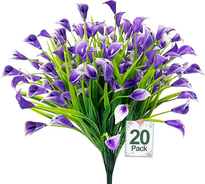 TURNMEON 20 Bundles Calla Lily (400 Heads) Artificial Flowers for Outdoors, Fake Plants UV Resistant Faux Plastic Fake Flowers for Indoor Planter Home Porch Yard Spring Summer Cemetery Decor(Purple)