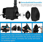 PULACO Large Flow: 800GPH（3000L/H）Submersible Pump with 6.5 ft Tubing, 45Watt Durable Fountain Water Pump With 4 Nozzles For Above 80 gallons Fish Tank or Pond