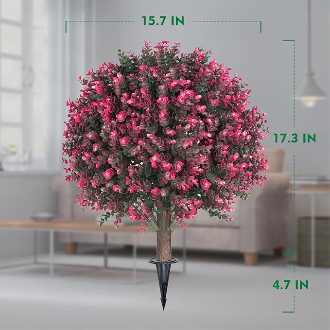 AOKIIE Set of 2 Artificial Rose Boxwood Topiary Ball Tree for Outdoor with Ground Spike, 22" UV Resistant Faux Greenery Shrubs, Fake Plants for Garden Yard Porch Patio(Rose)