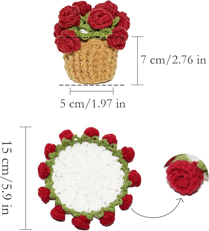 Handmade Crochet Red Rose Coaster, Realistic Mini Flower Pot Holder, Washable Cotton Yarn Table Decoration, Multi-Purpose Mat for Cup & Mug, 2 x 2 x 3.5 inches