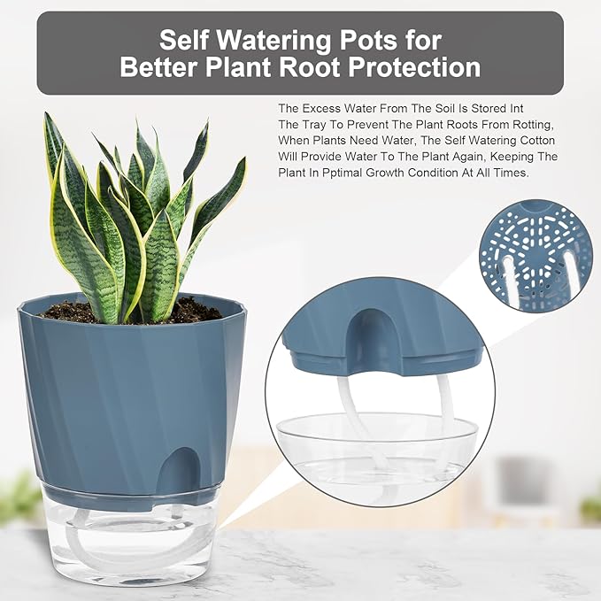 KIMCHOMERSE Self Watering Plant Pots 4.7 Inch, 6 Pack Indoor Planters with Drainage Holes & Saucers, Decorative Flower Pots for Home Office Decor (2 White, 2 Pink, 2 Blue)