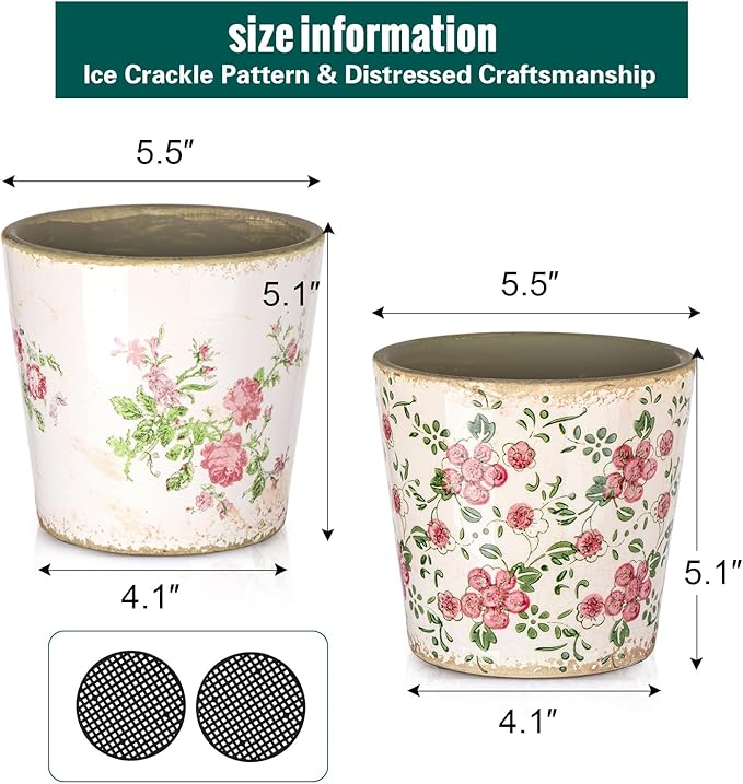 Sungmor Vintage Ceramic Planter Set of 2 - Decorative Indoor & Outdoor Flower Pots with Drainage Holes - Tuscan Décor Pots, 5.5" Ice Crackle Glaze Planters for Home, Kitchen, Patio, and Garden