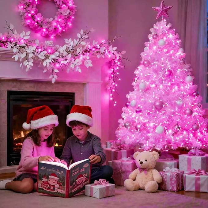 JMEXSUSS 66 Ft Connectable Pink Lights for Room Decor, 200 LED Pink String Fairy Christmas Lights Clear Wire Plug in for Bedroom Indoor Outdoor Girl's Room Home Anniversary Birthday