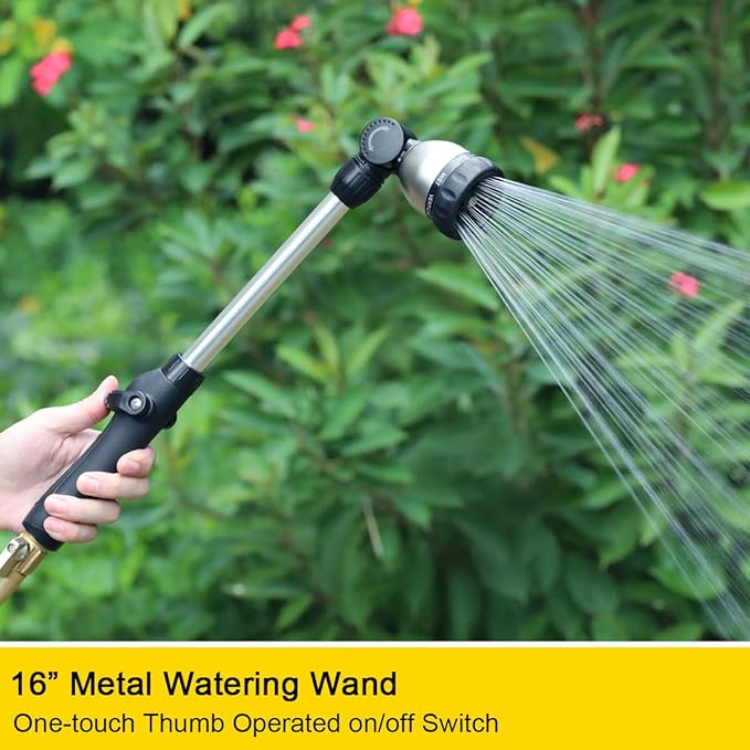 FANHAO Garden Hose Wand Heavy Duty, 16 Inches Metal Watering Wand with 8 Spray Patterns, 180° Rotating Long Hose Nozzle Sprayer Wand with Thumb Flow Control for Watering Hanging Baskets and Shrubs