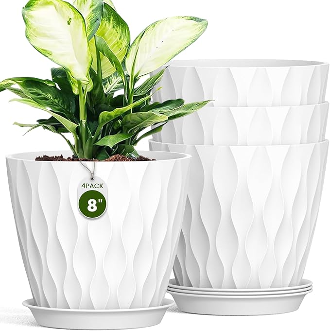 8" Water Wave Plant Pots with Drainage Holes & Saucers, 4 Pack Modern Textured Medium Planters for Indoor Outdoor Plants, Decorative Flower Pots Repotting Set for Flowers, Herbs (White)