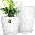 8" Water Wave Plant Pots with Drainage Holes & Saucers, 4 Pack Modern Textured Medium Planters for Indoor Outdoor Plants, Decorative Flower Pots Repotting Set for Flowers, Herbs (White)