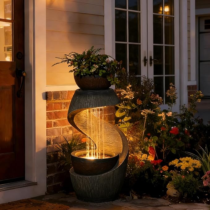 Outdoor Water Feature Patio Fountain with LED Lights, 31.9" Resin Garden Waterfall Fountain Outdoor, Modern S-Shaped Bowl Design Water Feature for Porch, Garden, Yard, Home Decor, Grey