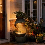 Outdoor Water Feature Patio Fountain with LED Lights, 31.9" Resin Garden Waterfall Fountain Outdoor, Modern S-Shaped Bowl Design Water Feature for Porch, Garden, Yard, Home Decor, Grey