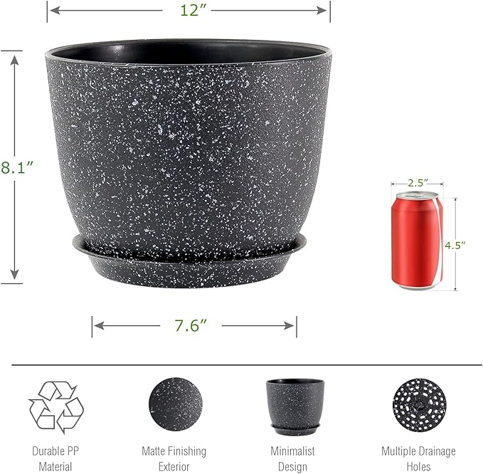UOUZ 12inch Large Plant Pot, Modern Plastic Planter with High Driange Holes and Saucer for Indoor Outdoor Garden Plants and Flowers, Black Speckles