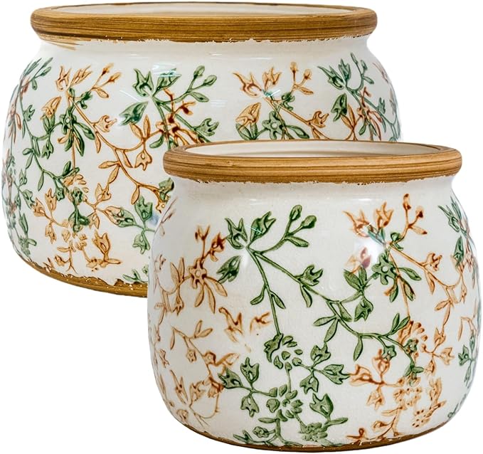 Vintage Ceramic Flower Pots - Indoor Outdoor Planters with Drainage Holes & Filter Screen, 6.5’’& 9’’ Rustic Farmhouse Decorative Plant Pots for Garden/Patio (Bicolor Vines, Small to Large Bundle)