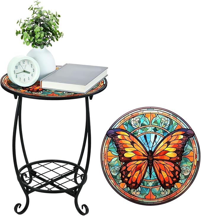 Outdoor Side Table Round Small Mosaic Patio Accent Indoor End Plant Coffee Tea Table for Yard Patio Porch Garden Living Room, Bedroom(Butterfly B Style,18 Inch)