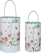 Set of 2 Farmhouse Floral Metal Flower Bucket Vase, Rustic Embossed Daisy Bee Design Planter with Hollowed-Edge, Decorative Pot for Indoor Outdoor Home Garden, Kitchen, Patio