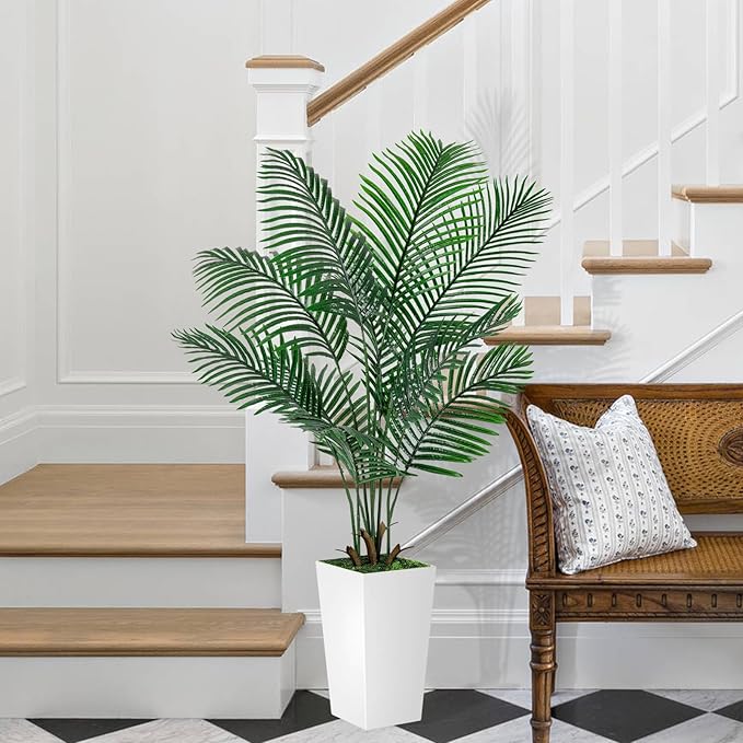 Palm Tree 5FT Artificial, 60in Tall Faux Palm Tree with 15.7 White Planter, Fake Potted Tree for Indoor & Outdoor Home Office Decor