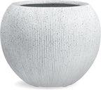 16" H x 20" D Premium Ribbed Globo Fiberstone Round Planter with Drainage Hole, Weather Resistant for Indoor and Outdoor Use, Included 2 Extra Coco Mats (Speckled White, 13.5" Pot Opening)