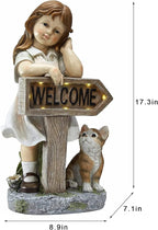 Girl Garden Statue with Solar LED Lights, Solar Girl Welcome Sign with Cat Garden Statue for Outdoor Decor, Porch, Patio, Yard Art Decorations, Polyresin 17.3 inch