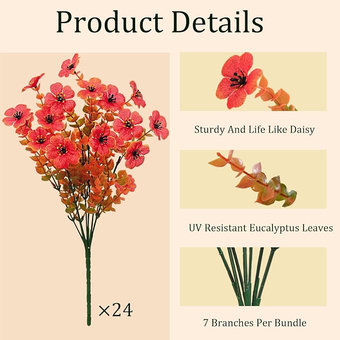24 Bundles Artificial Mums for Outdoor Fall Flowers Fall Decor, Fall Decorations for Home Fake Mums Artificial Flowers, Fake Plants for Outdoor Planters UV Resistant for Porch Outside Yard