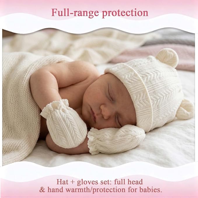 Newborn Baby Girl Hats Mittens Set Cotton Hospital Bow Hat Beanies Caps Gloves for New Born Girls 0-6 Months